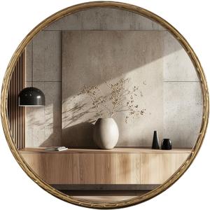 Round Bathroom Mirror-RD24 Inch Antique Gold Color Vintage Metal Framed Accent Mirror, Modern Rustic Distressed Wall Mirror Decorative for Bedroom, Living Room,Hallway-Wave Inspired Style (24"L x 24"W)