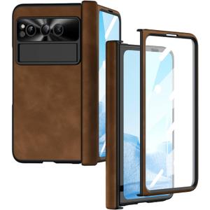 Pixel Fold Case, Leather Magnetic Hinge Protection Cover Built-in Screen Protector, Compatible with Google Pixel Fold 2023 (Brown)