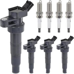 Sorghum Ignition Coil Pack and Spark Plugs Compatible with Hyundai Sonata Genesis Tucson Equus Kia Rondo Optima Borrego Forte Sorento Sportage K900 Replace# UF611 27300-3F100 C1667 GN10568 Set of 4