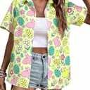 Easter Shirts for Women Happy Easter Hawaiian Shirt Funny Bunny Button Down T-Shirt Rabbit Graphic Tee Tops (Yellow, M)