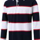 Men's Polo Shirts Long Sleeve Striped Dry Fit Casual Collared Pique Golf Polo Shirts for Mens, L, Navy White