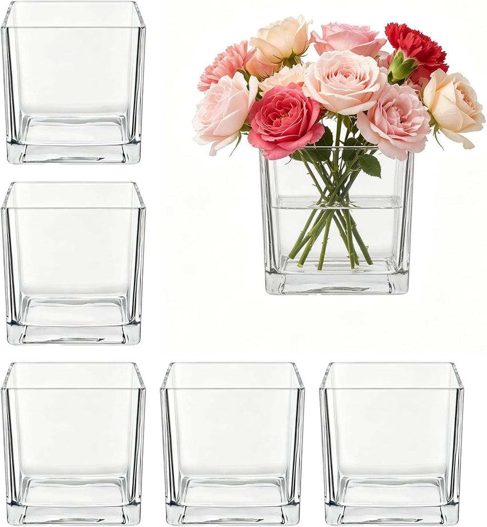 6 Pcs Square Glass Vase 5" x 5" x 5", Clear Bulk Cube Vases for Centerpieces, Floating Candle Holders with Thickened Base for Wedding, Birthday, Office & Home Decor