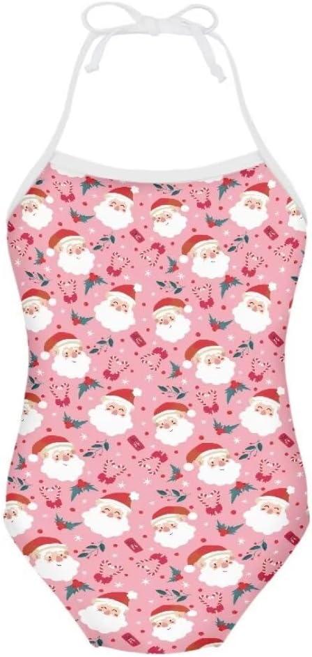 Girls Christmas Halter Modest One Piece Swimsuit Hawaiian Summer Beach Swimwear Size 8, (Cute Xmas Santa Claus Pink)