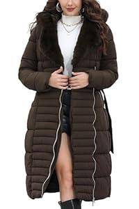 Bellivera Women's Puffer Jacket Lightweight Quilted Hooded Long Down Alternative Coat with Fur Collar AG6-28 Coffee L