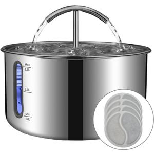 MOPETTA Cat Water Fountain, Large Capacity Stainless Steel Pet Water Fountain for Cats Inside, 3.6L/ 121oz Automatic Dog Dispenser Water Bowl, Multiple Pets Water Fountain