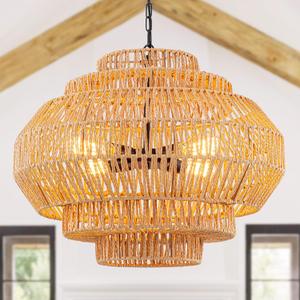 23.6 Rattan Chandelier Dinning Room Pendant Light Fixture Boho Chandelier Boho Hanging Light Large Basket Light Woven Rattan Pendant Light for Kitchen Island Bedroom Farmhouse Living Room