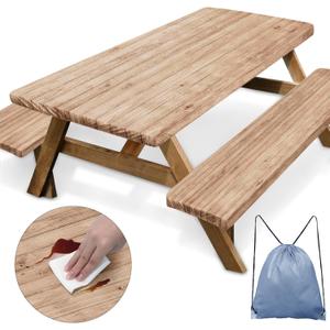 Picnic Table Cover with Bench Covers Elastic Edges, Brown Wooden Fitted Table Cover, Outdoor Patio Camping Essentials 72 Inch 3PCS, Waterproof Camping Fitted Tablecloth with Drawstring Bag