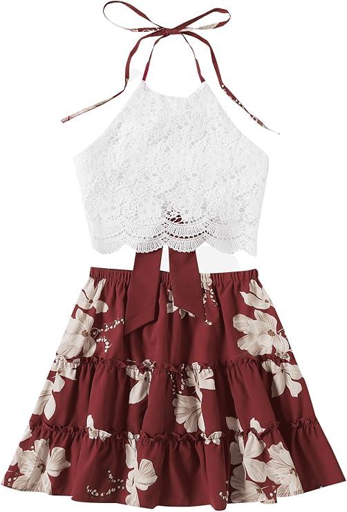 LYANER Women's 2 Piece Sets Summer Lace Halter Cami Crop Top and Mini Skirt Set Vacation Beach Outfits Small