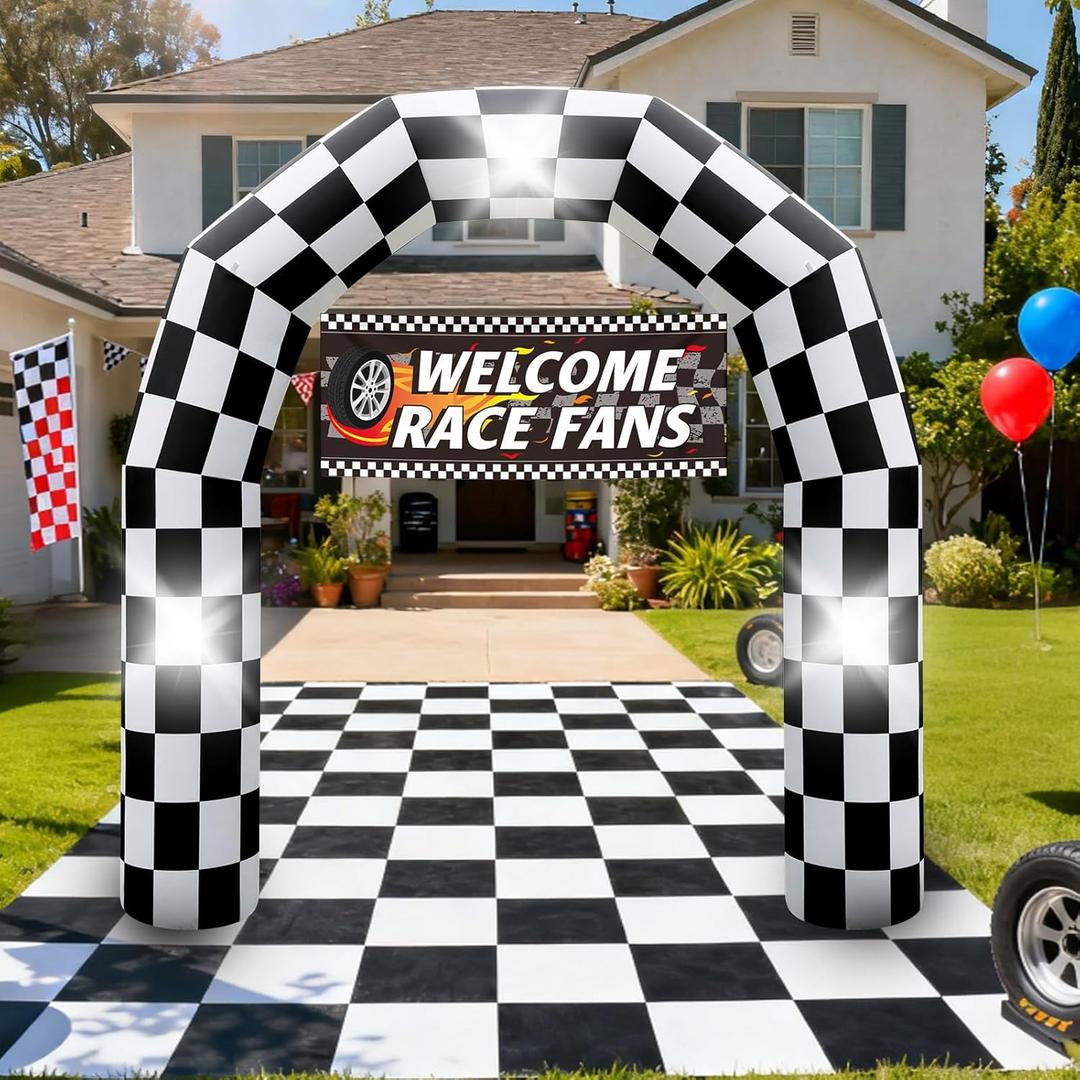 8FT Black and White Checkered Outdoor Race Car Inflatable Arch with Happy Birthday Banner, Blow Up Racing Party Decoration with Built-in 3 LED Lights for Race Car Themed Birthday Party Lawn Yard Decor