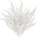 DILATATA 6Pcs Christmas Glitter Leaves Boston Fern Leaves 25" Artificial White Fern Leaf Picks Sprays Giltter Stems for Christmas Tree DIY Xmas Wreath Garland Home Decor - White