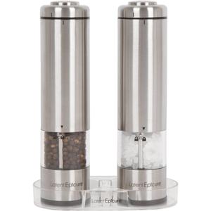 Electric Salt and Pepper Grinder Set - Battery Operated, Stainless Steel Shakers with Adjustable Fine & Coarseness, One Handed Operation, LED Light & Complimentary Mill Rest Tray ((AA) Pack of 2)
