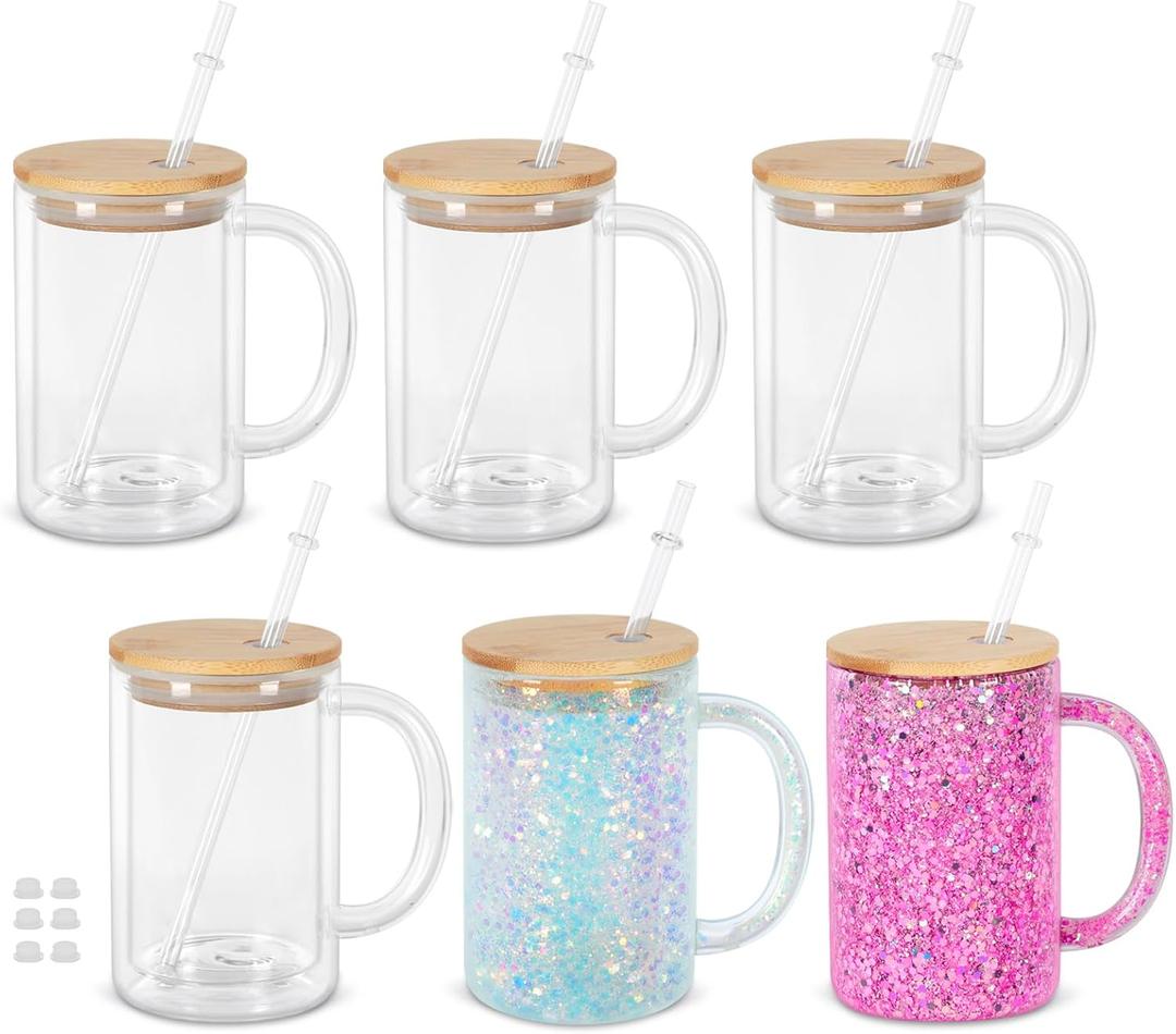16 Oz Glass Snow Globe Tumbler Cup with Handle, Double Wall Snowglobe Tumbler Coffee Cup with Pre-Drilled Hole and Plug for Glitter Diy, 6 Pack (Clear)