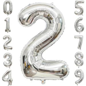 Silver Number 2 Balloon, 40 Inch Large Number Foil Mylar Balloons for 2nd Girl Boy Birthday Party Celebration Decoration Supplies,Big Digital Balloons for Wedding Anniversary Events Decor