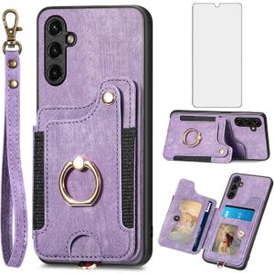 Asuwish Phone Case for Samsung Galaxy A34 5G Wallet Cover with Tempered Glass Screen Protector and Wrist Strap Lanyard RFID Credit Card Holder Ring Stand Cell Accessories A 34 34A Women Men Purple