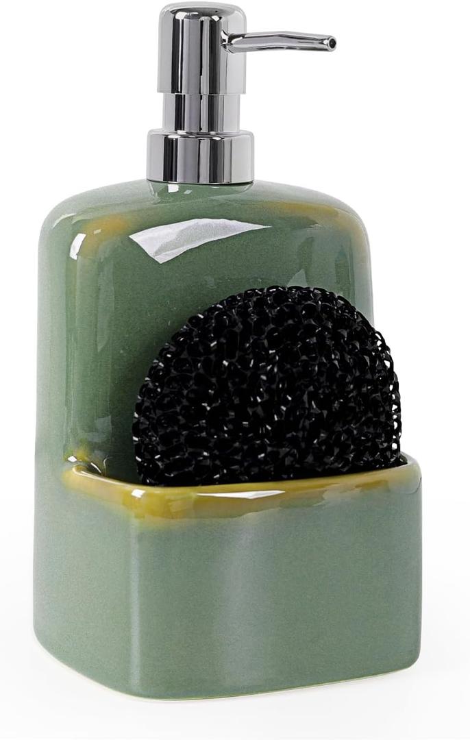 INGOFIN Kitchen Dish Soap Dispenser with Sponge Holder, 2-in-1 Ceramic Refillable Hand Soap Bottle & Sponge Caddy Set, for Kitchen Sink Organizer and Bathroom, Green
