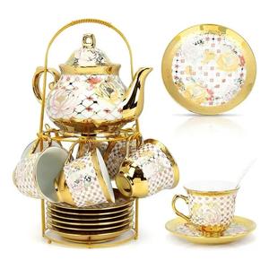 Premium Ceramic Tea Set of 13 PCS Teapot (800ML) with 6 Cups (180ML Each), 6 Saucers & Holder Stand Elegant Gift for Tea Lovers Ideal for Home, Office & Parties (Check White)