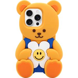 MC Fashion for iPhone 16 Pro Case, Cute 3D Bear Silicone Case, Smiley Flower Cartoon Protective Cover for Women Girls