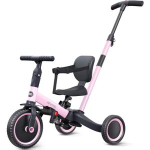 newyoo TR007 5-in-1 Tricycle for Toddlers 1-3, Toddler Bike, Birthday Gift | Toddler Trike with Push Handle Lets Parents Steer and Converts to Balance Bike, Fun Outdoor Toy for Boys and Girls, Pink