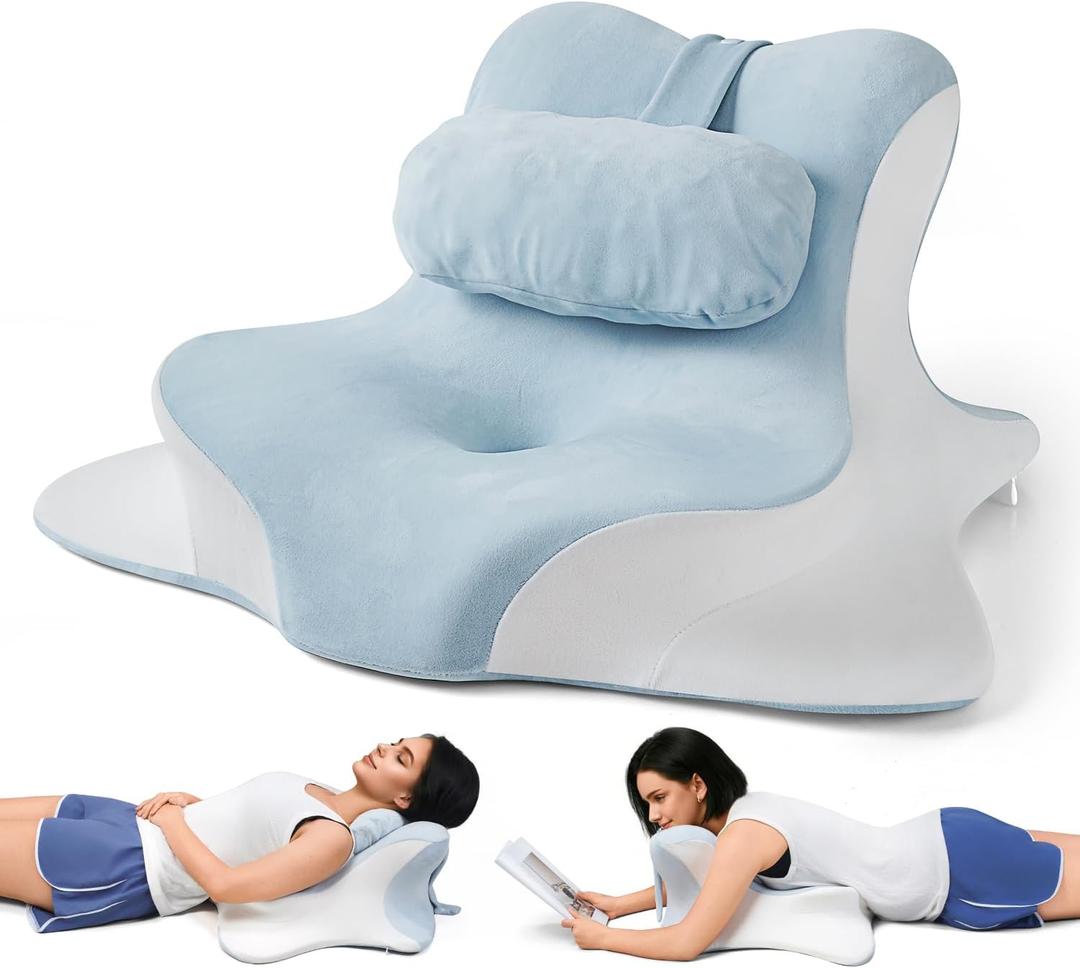 Upgraded Reading Pillow for Bed, Lying, Stretching for Spine Alignment w Extra Neck Pillow- Cushiony Ergonomic Bed Wedge Cervical Traction Device for Neck&Shoulder Relax-Blue
