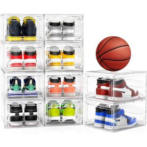 Mitees 10 Pack XX Large Thicken Sturdy Hard Plastic Clear Stackable Shoe Storage Boxes for Size 12, Sneaker Shoe Rack Containers Holders Bins Display Case Organizer for Closet, White