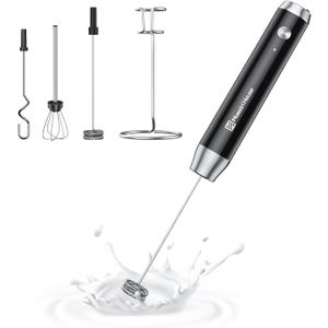 Maestri House Rechargeable Milk Frother with 3 Heads, LunaFro AS Handheld Electric Foam Maker Waterproof Detachable Stainless Steel Whisk Drink Mixer Foamer with Stand for Lattes, Cappuccino, Egg (Black)