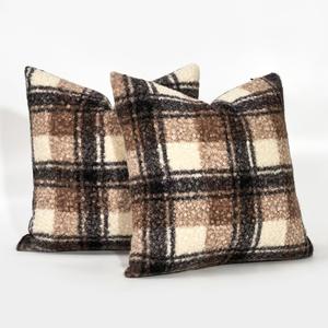 JOJOGOGO Fall and Winter Brown Buffalo Plaid Sherpa Pillow Covers 16x16 Set of 2, 16 x 16 Brown Autumn Sweater Accent Throw Pillows, Cozy Fluffy Curly Sherpa Farmhouse Checkered Pillow Covers