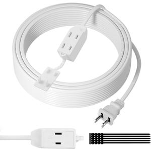 2 Prong Extension Cable 15 FT, Extra Long Power Cord With 3 Outlets, Flat Multiple Cable With Tamper Guard, ETL Listed, Outlet Saver, OFC, 16 Gauge Wire, 13A/125V, White With 25 Pcs Ties