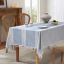 ZeeMart Contrast Linen Table Cloth Rectangle Table Cloths 52x70 Inch Mid-Stripe Blue, Farmhouse Style Heavy Weight Dusty Blue Tablecloth, Water Resistant Burlap Tablecloths