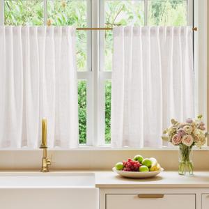 NICETOWN Cafe Curtains 36 inch Length Natural Thick Linen Blend (230GSM), Back Tab & Rod Pocket with Pleat Tab Semi Sheer Window Treatments Light Filtering for Bathroom, W52 x L36, 2 Panels