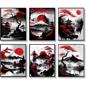 Japanese Wall Art Prints,Japanese Landscape Art Posters,Red and Black Cherry Blossom Trees Picture Art Painting,Asian Nature Landscape Print for Living Room Bedroom Wall Decor,Set of 6(8"x10"Unframed