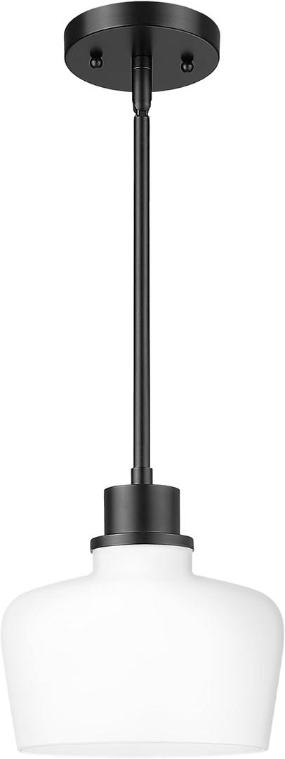 Emak Modern 8 Inch Black Pendant Light, Farmhouse Pendant Lighting with Milk Glass Shade, 1 Light Hanging Light Fixture for Kitchen Island, Dining Room, Bathroom, Bedroom, PL122-BK-ML