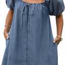 Women's Summer Denim Dress Puff Short Sleeve Square Neck Loose Jean Mini Dresses with Pockets (Medium, Blue)