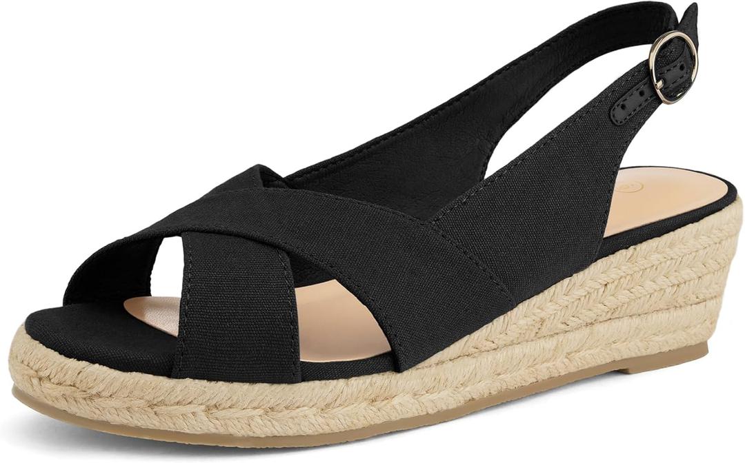 mysoft Women's Espadrille Sandals Low Wedge Platform Open Toe Slingback Ankle Strap Criss Cross Slip On Summer Shoes (9.5, Black)