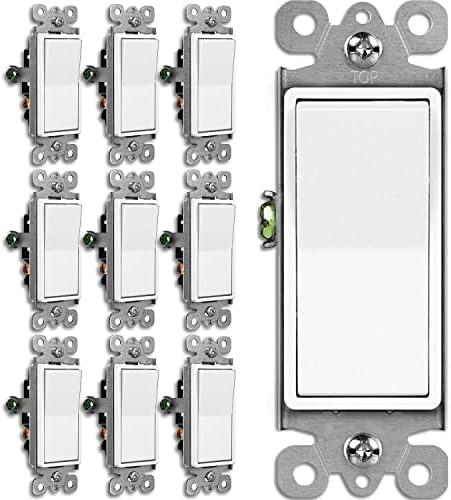 BESTTEN 10 Pack 3-Way Decorator Light Switch, 15A 120/277V, Single Pole or Three Way, Rocker Paddle Wall Switch, On/Off Rocker Interrupter, UL Listed, White