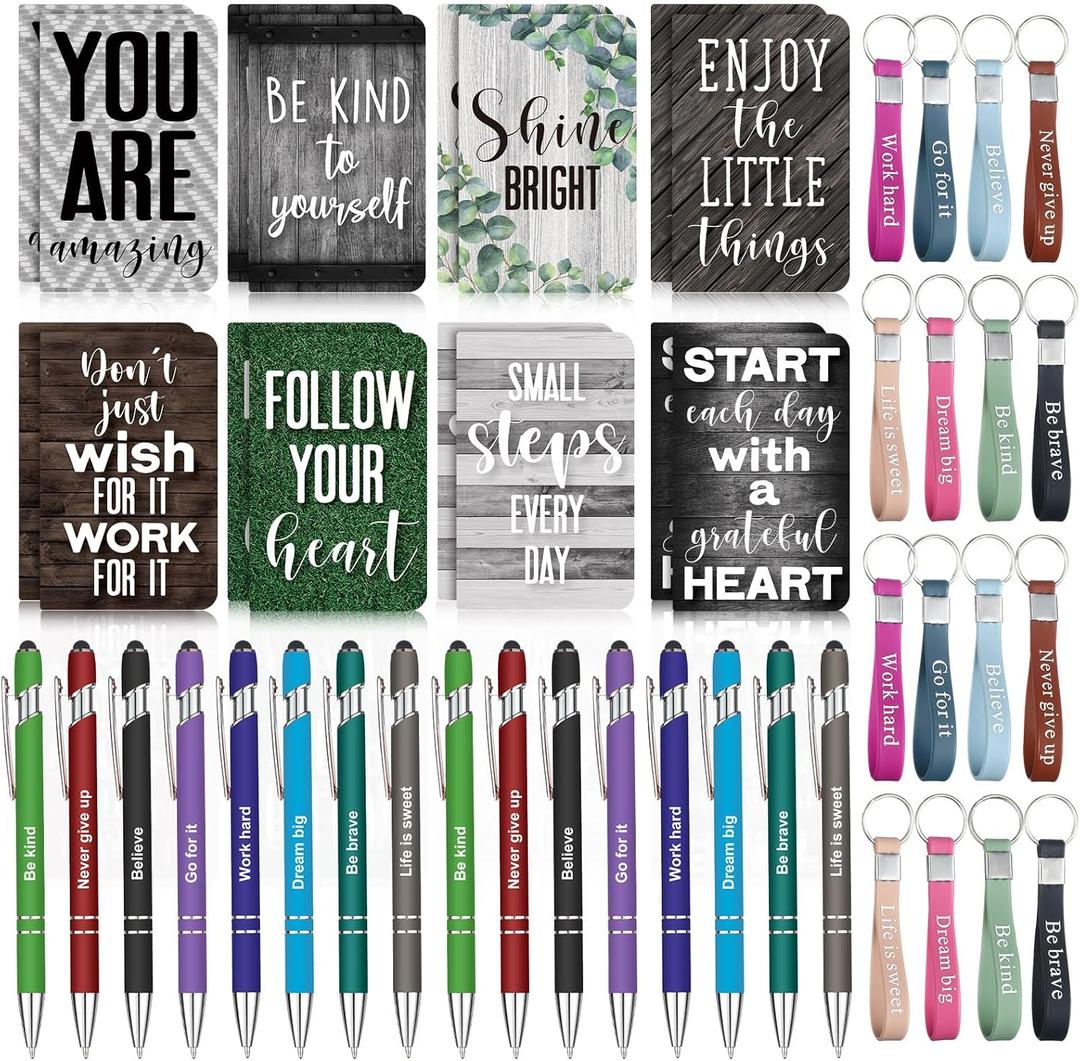 PerKoop 48 Pcs Inspirational Gifts Bulk Motivational Notepads Ballpoint Pens Keychains Set Modern Farmhouse Journal Notebooks Christian Gifts for Teachers School Office Party Favor Supplies