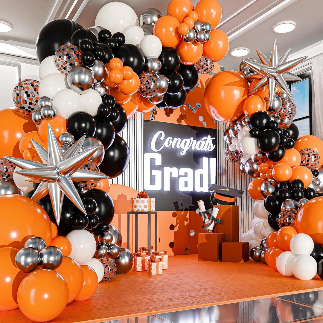 ALL-IN-1 Orange Black White Balloons Arch Kit with BONUS Starburst Balloons  Small & Large White Orange Black Balloons  Party Decorations for Graduation, Birthday Bengals, Halloween, Harley Davidson