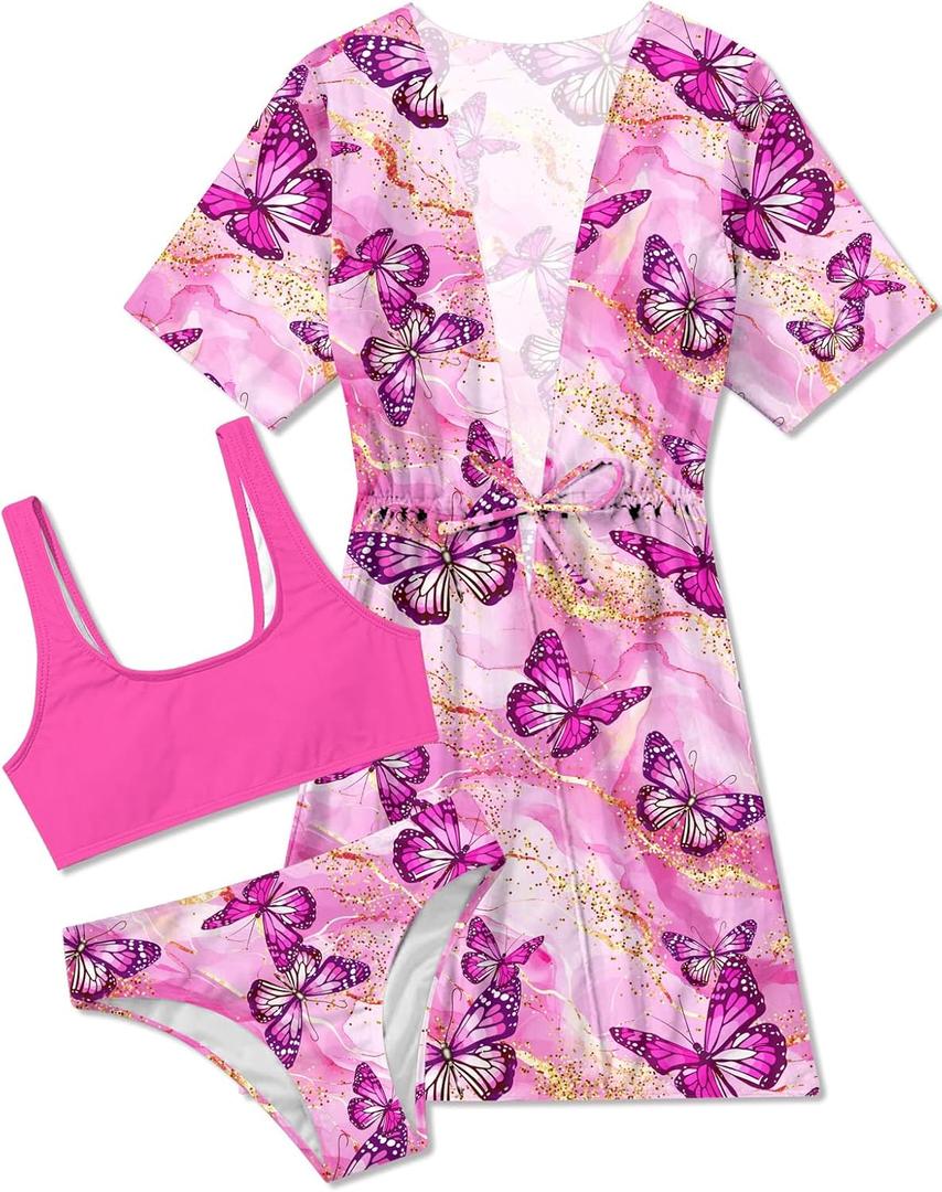 AIDEAONE 5-16T Girls Bathing Suit 3 Piece Swimsuit Drawstring Quick Dry Tankini with Cover Ups