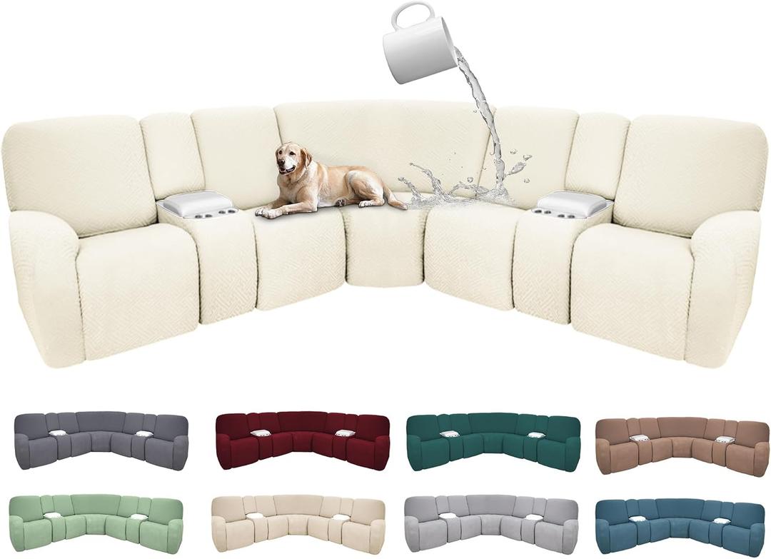 100% Waterproof Sectional Recliner Couch Covers for Reclining Couch L Shaped Corner Sectional Sofa Cover Jacquard Stretch L Shape Recliner Slipcovers (5 Seater 2 Console Cover, Pale Beige)