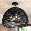 Rattan Ceiling Light Fixture, 4-Light Boho Semi Flush Mount Ceiling Light, 20" Wicker Light Fixture with Handmade Woven Cage Lampshade, Rattan Chandelier for Bedroom Hallway Nursery Kitchen Farmhouse (Black)