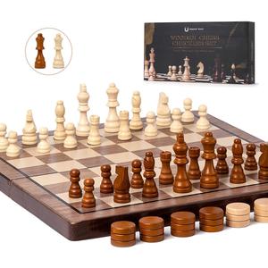 Chess Set 15'' Chess Board Wooden Magnetic Folding Chess Board Set for Adults & Kids Checkers Game for Kids Portable Travel Chess Game for Beginner 2 Extra Queens (Walnut Color)