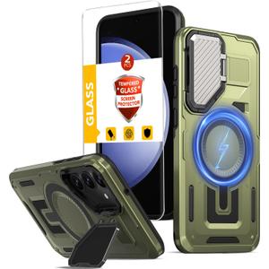 for Samsung Galaxy S23 FE Case Magnetic[Compatible with MagSafe Support Wireless Charger]Built-in Camera Cover Stand+with 2 Tempered Glass Screen Protector,360Full-Body Phone Protection Green