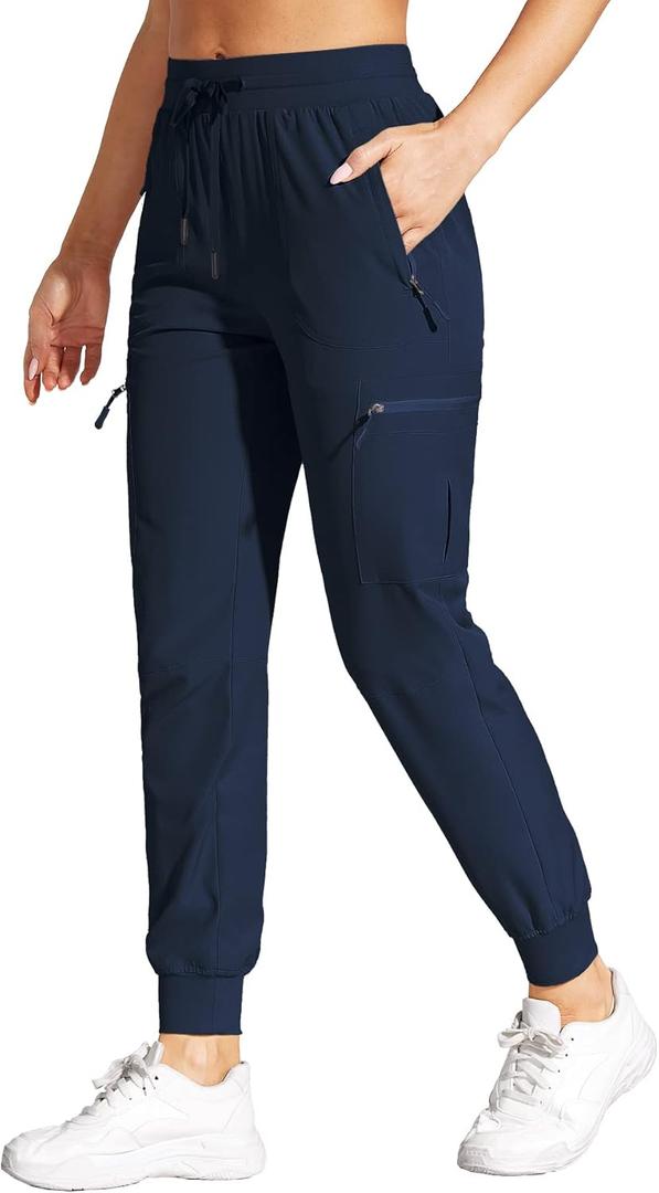 Womens Cargo Joggers Hiking Pants Lightweight Quick Dry Water Resistant Travel Casual Womens Pants with Zipper Pockets (Large, 6-navy)