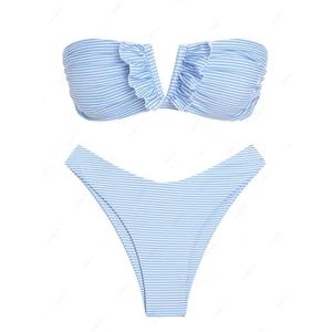 ZAFUL Women's Strapless Ribbed V Wired Lace Up Ruffle Tie High Cut Bandeau Swimsuits Bikini Set, M