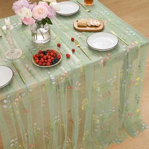 Horaldaily Embroidery Flower Plant Green Gauze Tablecloth 60120 Inch Rectangular, Spring Summer Tulle Table Cover, Garden Party Decorations for DIY, Wedding, Party, Holiday Dining Decor
