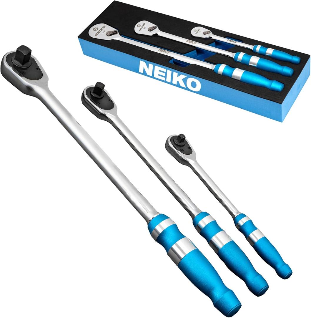 NEIKO 03006A Flat Head Ratchet Set - 3 Piece Low Profile 1/4, 3/8, 1/2 Inch Drive, 90 Teeth, Anodized Textured Grip Handle, Long Handle, Sealed Head, Cr-Mo