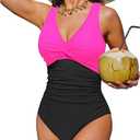 Holipick Women Tummy Control One Piece Swimsuit - Push Up Bathing Suit Full Coverage Slimming Swimwear (Large, Hot Pink)