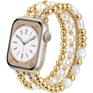 AIRSPO Gold Beaded Bracelets Compatible for Apple Watch Band 38mm 40mm 41mm 42mm 44mm 45mm 46mm Women, Fashion Handmade Dressy iPhone Watch Bands Stainless Steel Beads Elastic Strap for iWatch Series 11 10 9 SE 8 7 6 5 4 3 2 1