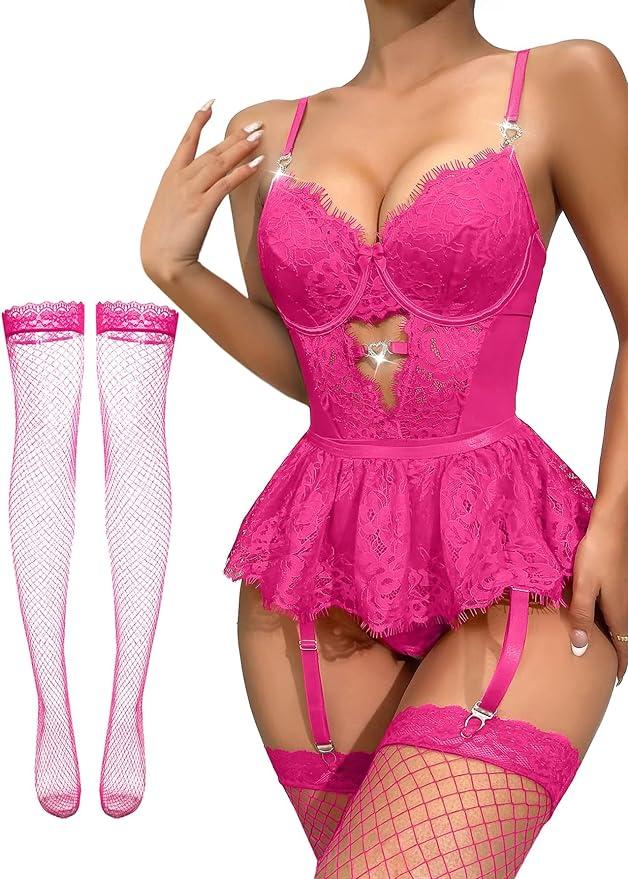 Avidlove Sexy Lingerie for Women Naughty Lace Bodysuit Lingerie Skirt Set Teddy Babydoll Nightgown with Garter (No Stocking) (Medium, Pink)