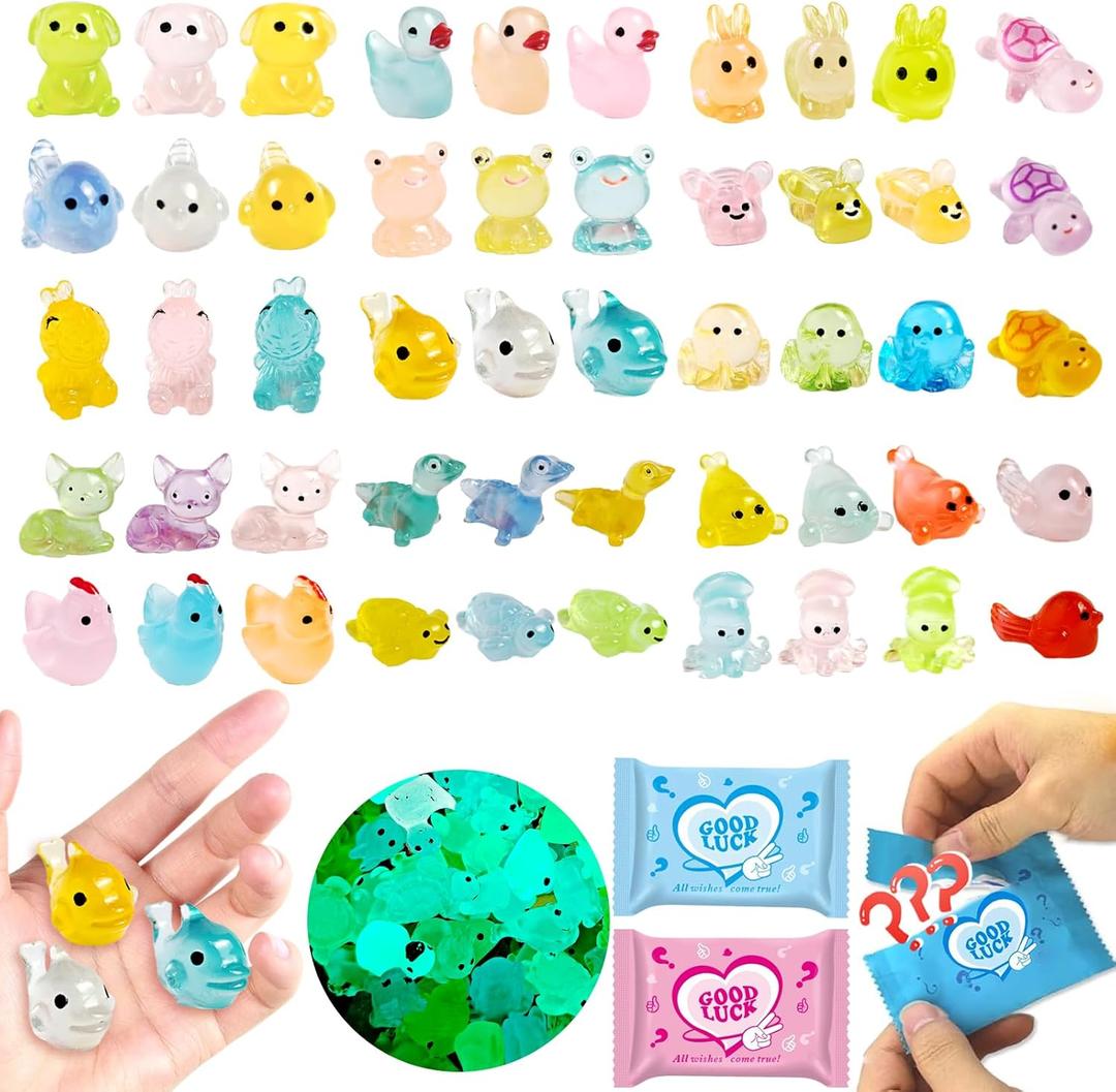 50PCS Glow in The Dark Resin Animals Mystery Bag, Mini Duck Blind Bags Toys, DIY Crafts Fairy Garden Dollhouse Decor, Kids Party Favors Classroom Prizes