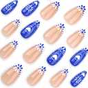 2 x Blue French Tips Press On Nails Short Almond, Flower Heart Sticke On Nails, Designer Reusable Acrylic Nails Press Ons, Fake Nails With Glue On Nails, Daily Wea False Nails For Women (24 Pieces (Pack of 1))